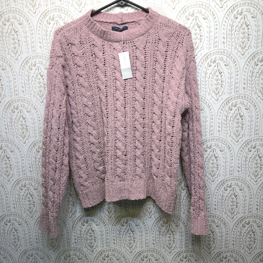 American Eagle Cable Knit Sweater Womens Small Pink Chenille‎ Pullover NEW